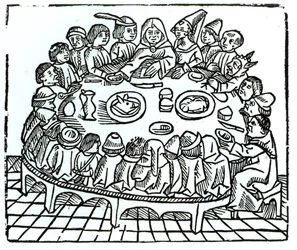 Pilgrimerna från Canterbury sitter ner för en gemensam måltid, illustration från Geoffrey Chaucers (ca 1345-1400) 