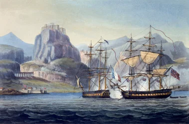 The Capture of the Var av HMS Belle Poule utanför Korfu, 1809, från The Naval Chronology of Great Britain, av J. Ralfe