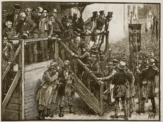 Clare Contest: Fader Murphy leder sina hyresgäster till omröstningen, illustration från Cassells Illustrated History of England (sepiafoto)