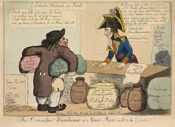 The Consular Warehouse eller en stor man spikad till disken, pub. 1802 (handfärgad gravyr)
