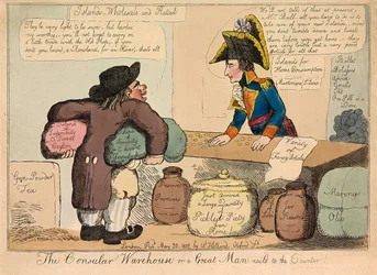 The Consular Warehouse eller en stor man spikad till disken, pub. 1802 handfärgad gravyr.