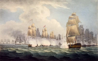 Fransmännens nederlag under Linois av Commodore Dances Squadron, 15 februari 1804, från The Naval Chronology of Great Britain, av J. Ralfe