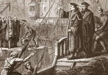Erasmus avgång från Basel, illustration från The History of Protestantism av James Aitken Wylie (1808-1890), pub. 1878