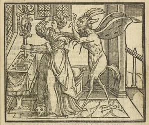 Djävulen frestar en kvinna till stolthet, från "A Crystal Glass of Christian Reformation" av Stephen Bateman