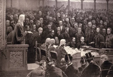Divisionen i underhuset i frågan om irländsk självstyre, "The Ayes; 311, the Noes; 341", från "The Illustrated London News", 6 december 1886.