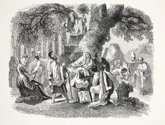 Druiderna, eller britternas omvandling till kristendomen av Bran och hans lärjungar, pub. 1800-talet (stålgravyr)