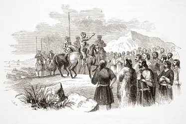 Earlen av Richmond tilltalar de walesiska hövdingarna i Milford Haven, pub. 1800-talet (stålgravyr)