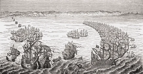 Den engelske flåde, kommanderet af Sir Francis Drake, angreb den spanske armada i 1588, fra 
