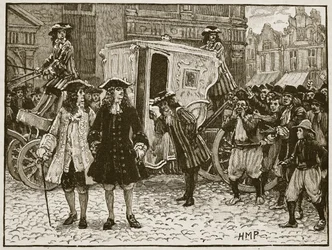Den engelske fullmäktige förolämpade på gatorna i Utrecht, 1712, illustration från Cassells Illustrated History of England (sepiafoto)