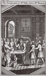 Undersökningen av Wm Hale före biskop Bonner, illustration från Foxes Martyrs c.1703