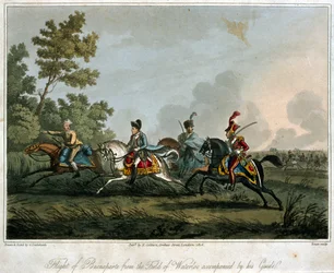 The Flight of Bonaparte (1769-1821) från fältet Waterloo 1815, 1817 (akvatint)