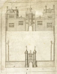 The Front of Wilton House, detalj från Survey of Lands for the 1st Earl of Pembroke, 1566 (penna och bläck på veläng)