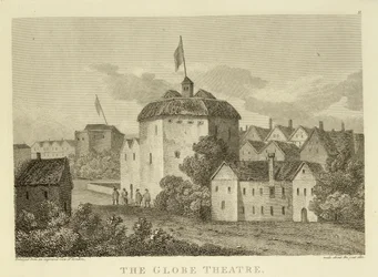 The Globe Theatre on the Bankside som den såg ut under James I:s regeringstid (1566-1625), efter en gravyr ca 1612, publicerad 1810