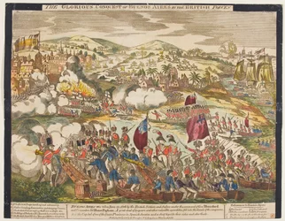 The Glorious Conquest of Buenos Aires by the British Forces, 27 juni 1806, publicerad av G. Thompson, 1806 (färgat träsnitt)