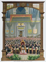 Storlogen i England röstar på gratulationsjubileumstalet till Hennes Majestät Drottning Victoria i Albert Hall, London, 13 juni 1887