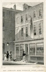 The Grecian Coffee House, Devereux Court, Strand, med en byst av Ben Johnson (gravyr)