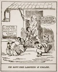 The Happy Free Laborers of England, från ett tryck publicerat 1833, illustration från The Church of England: A History for the People av H.D.M. Spence-Jones, pub. ca 1910 (sepiafoto)