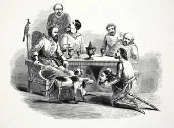 Chefen för Llewelyn fördes till Edward på Conway Castle, pub. 1800-talet (stålgravyr)