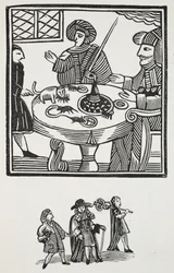 Historien om Sir Richard Whittington, tre gånger Lord Mayor of London, illustration från Chap-books of the artonde århundradet av John Ashton, pub. 1882