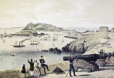 O le Hoe, Drakes Island ma Mt Edgecumbe mai le Citadel, lomia e Newman und Co swed