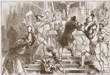 Ikonoklasterna förstör bilderna och altardekorationerna av en romersk-katolsk kyrka, illustration från "The History of Protestantism" av James Aitken Wylie (1808-1890), pub. 1878 (gravyr)