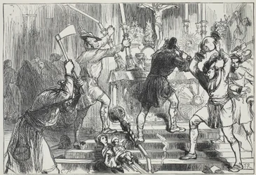 Ikonoklasterna förstör bilderna och altardekorationerna av en romersk-katolsk kyrka, illustration från The History of Protestantism av James Aitken Wylie (1808-1890), pub. 1878