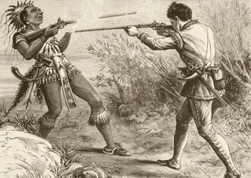 Indianhövdingen Paugus dödas av en engelsk milisman (litografi)