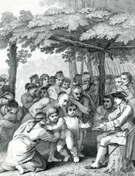 Indianerna överlämnar de engelska fångarna till överste Bouquet nära hans läger vid Forks of Muskingham i North Anerica, graverad av Canot, 1764