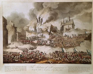Hougoumonts inre under slaget den 18 juni 1815, graverad av T. Sutherland, publicerad 1816 (akvatint)