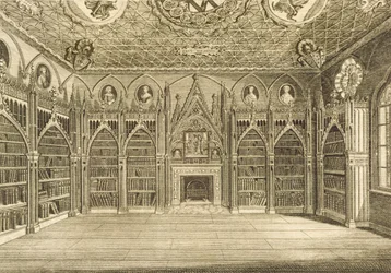 Biblioteket, graverat av Godfrey, från Description of Strawberry Hill av Horace Walpole, 1784
