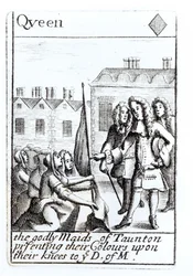 The Maids of Taunton knästående inför hertigen av Monmouth, 18 juni 1685, Queen of Diamonds spelkort från en uppsättning till minne av Monmouths Rebellion