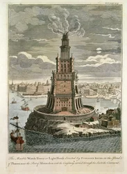 Vakttornet eller fyren i marmor som Ptolemaios Soter uppförde på ön Pharos, nära Alexandrias hamn (färgtryck)