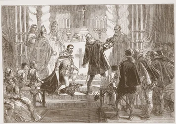 Marskalken av Polen kräver eden från hertigen av Anjou, illustration från The History of Protestantism av James Aitken Wylie (1808-1890), pub. 1878