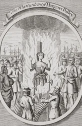 Margeret Polleys martyrdöd i Tunbridge, ur "The Burning of the Martyrs", publicerad 1741 (litografi)