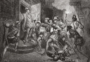 Massakern av St. Bartholomew: attack mot Colignys logi, illustration från The History of Protestantism av James Aitken Wylie (1808-1890), pub. 1878