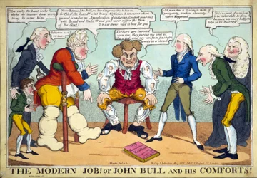 Det moderna jobbet! Eller John Bull and his Comforts!, pub. 1816 (handfärgad gravyr)