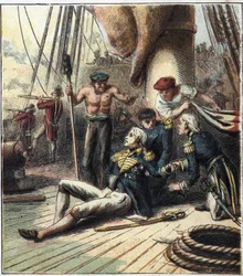 Napoleonkriget: Slaget vid Trafalgar, den 21/10/1805, där den fransk-spanska flottan under amiral Villeneuve ställdes mot den brittiska flottan under viceamiral Nelson. Han dog där. "Slaget vid Trafalgar