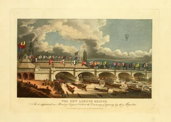 The New London bridge, som den såg ut måndagen den 1 augusti 1831, vid ceremonin för invigningen av deras majestäter, 1831