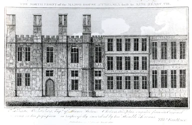 The North Front of Manor House at Chelsea byggd av kung Henry VIII, graverad av J. Barlow, en illustration i A Historical and Topographical Account of Chelsea and its Environs av Thomas Faulkner,