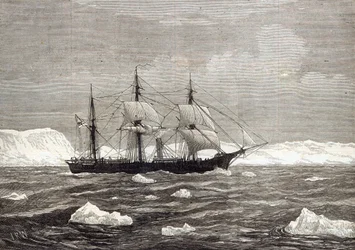 Expeditionen till Nordpolen: Alert hissar flaggan för att ha uppnått den högsta breddgraden av alla fartyg någonsin, från "The Illustrated London News", 1876.