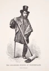 Den enbenta sopmaskinen på Chancery Lane, från ett fotografi, illustration från London Labor och London Poor av Henry Mayhew, pub. 1862