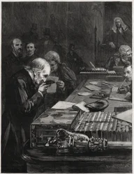 Parlamentets öppnande den 31 januari 1893 avlade Mr William Ewart Gladstone, med stöd av Mr Marjoribanks och Mr H Gladstone, eden. Illustration för The Graphic