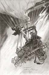 Farorna med luftballongflygning. En ballong i svårigheter och på väg att krascha. Från The Strand Magazine, publicerad 1896 (litho)