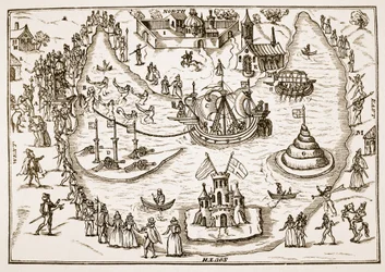 The Pond at Elvetham under Queen Elizabeths besök, från The Honorable Entertainment som gavs till Queens Majesty i Prgresse i Elvetham i Hampshire av the Right Honble the Earl of Hertford, 1591 (