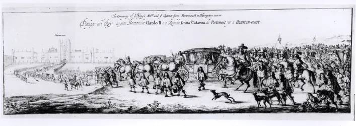 Processionen av Charles II (1630-85) och hans nya drottning, Katarina av Braganza (1638-1705) från Portsmouth till Hampton Court, 1662