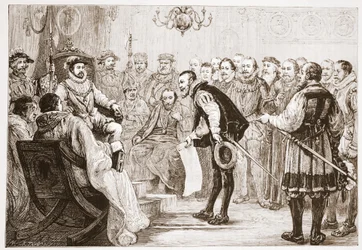 De protestantiska prinsarna presenterar sin bekännelse för Charles, illustration från The History of Protestantism av James Aitken Wylie (1808-1890), pub. 1878
