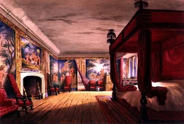 Det röda rummet, Cotehele House, ca 1830-40 (färglitografi)