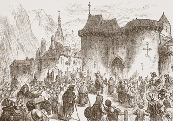 Sham-pilgrimerna vid porten till Genève, illustration från The History of Protestantism av James Aitken Wylie (1808-1890), pub. 1878
