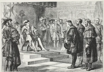 De tre protestantiska ambassadörerna före kejsaren Charles, illustration från The History of Protestantism av James Aitken Wylie (1808-1890), pub. 1878