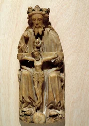 Treenigheten: Gud håller sin son Jesus på korset. Alabasterskulptur från den engelska skolan. 1400-talet. Paris, Nationella medeltidsmuseet, Thermes de Cluny